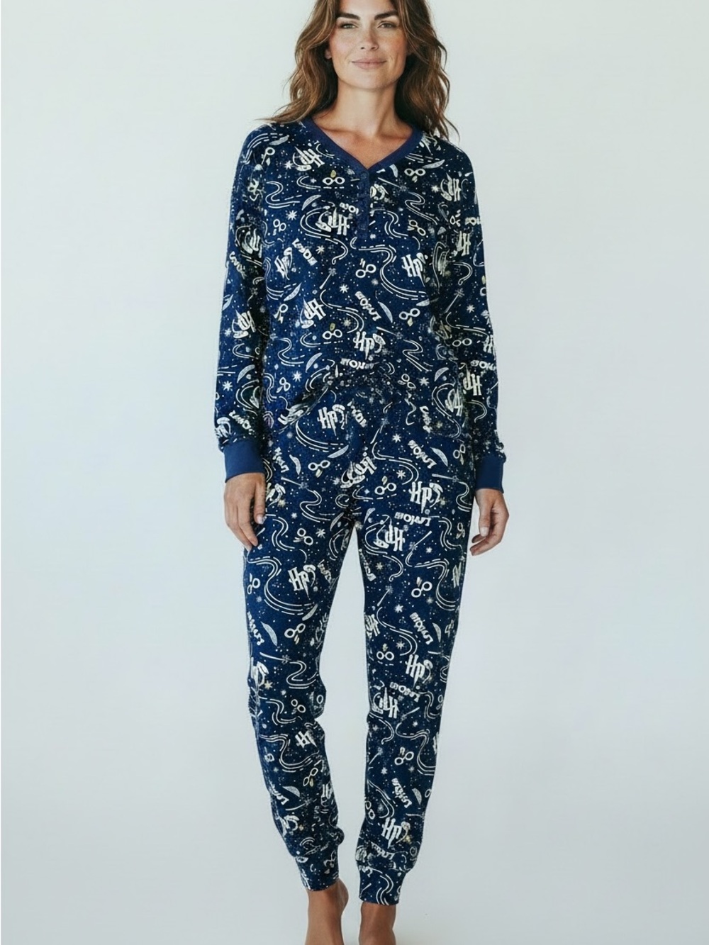Harry Potter Leviosa Women’s Pajama Set Medium Fleece Navy Yellow White Joggers